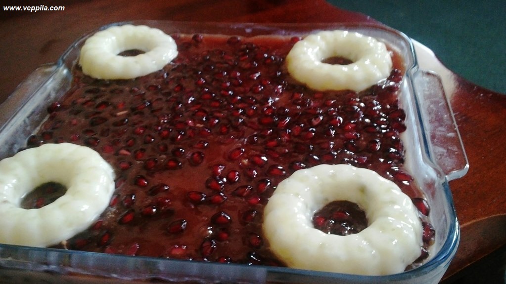 Sago Coconut pudding topped with Pomegranate Jelly