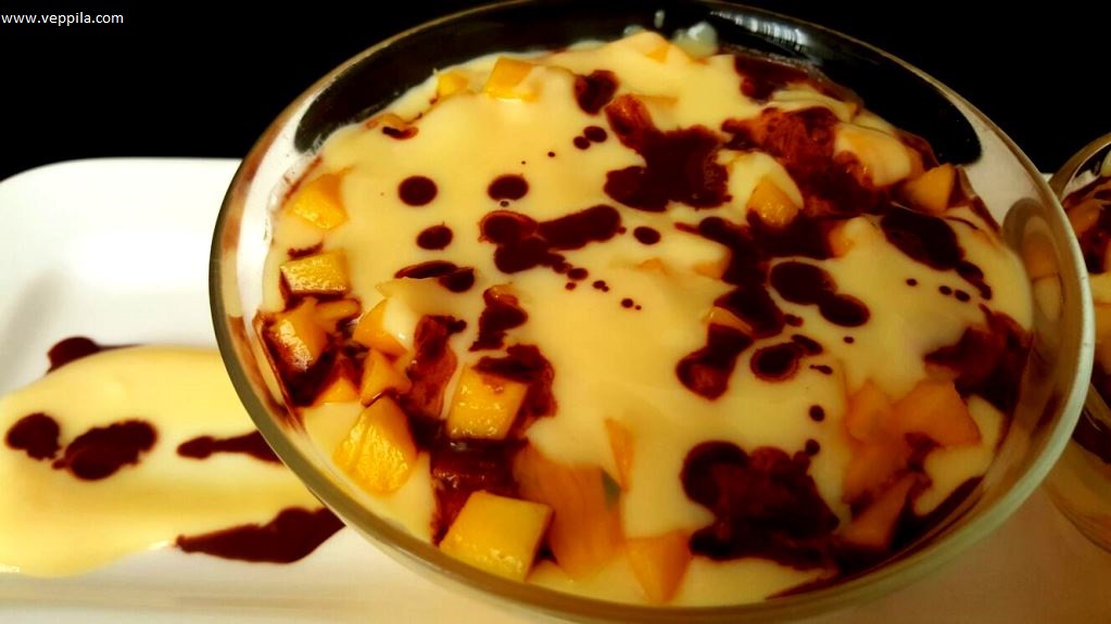 Mango custard with chocolate patches