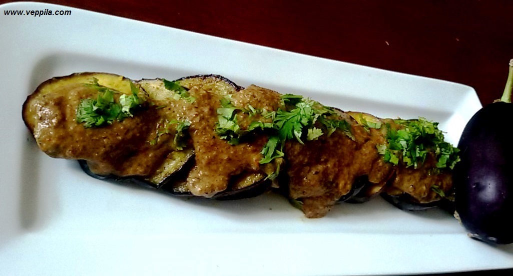 Grilled Eggplant slices with peanut sauce